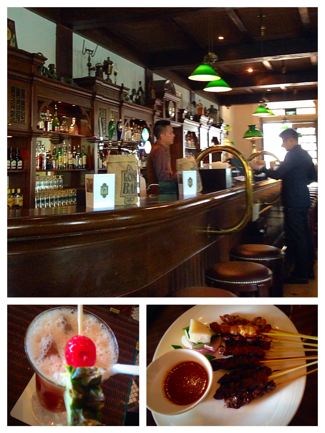 Long Bar, Raffles Hotel, Singapore sling and satays