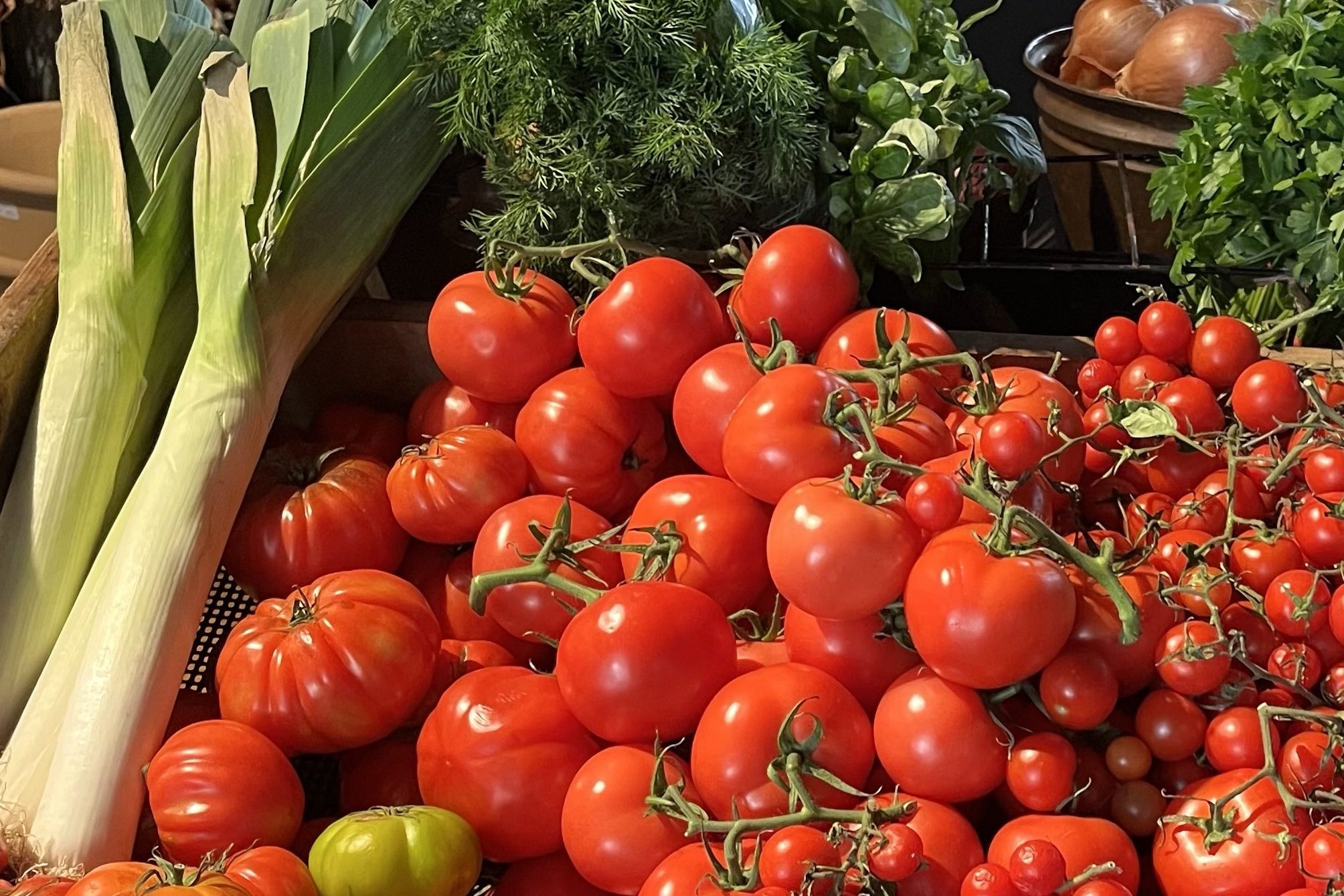 Tomatoes, leeks, herbs and onions on display ay Willunga General Store